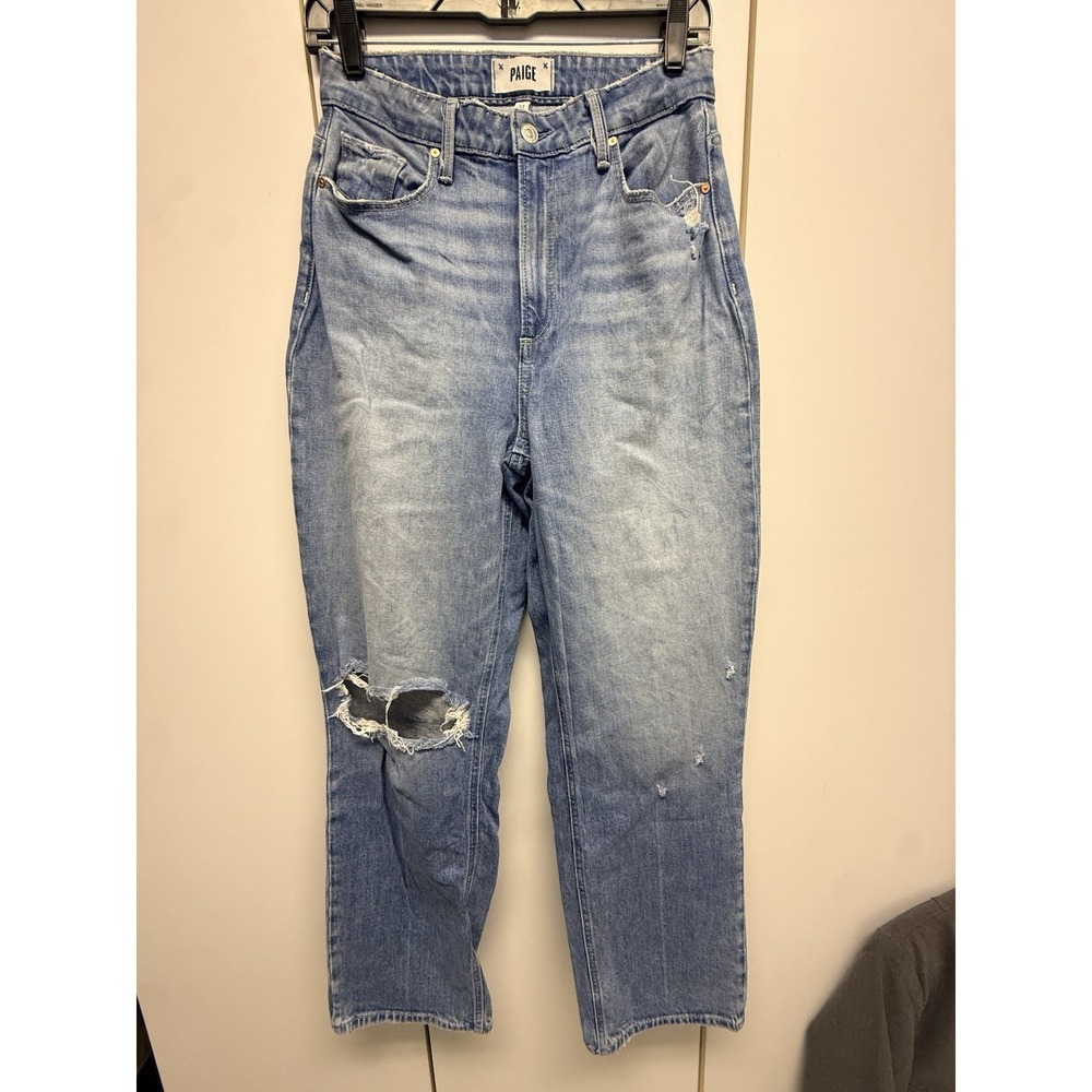 Paige Distressed Light Blue Straight Denim Jeans 5-Pocket Women's Regular 27
